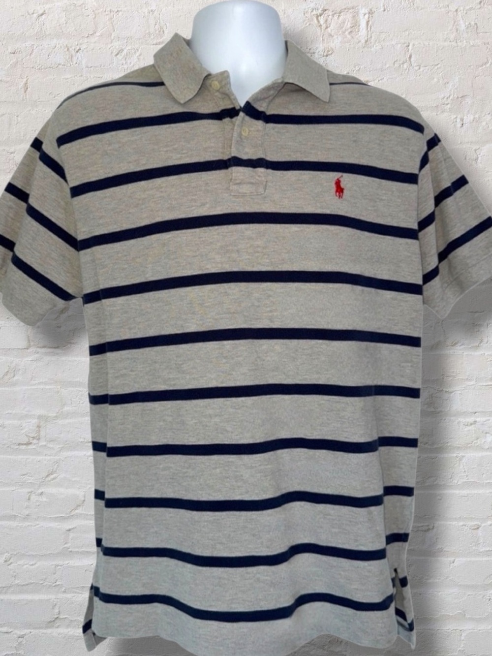 Vintage Y2K Polo Ralph Lauren Striped Polo Shirt Gray Navy Red Pony Size Large